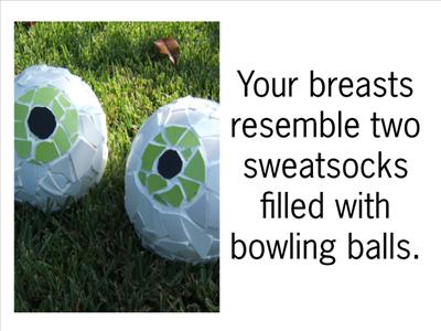Your breasts resemble two sweatsocks filled with bowling balls.