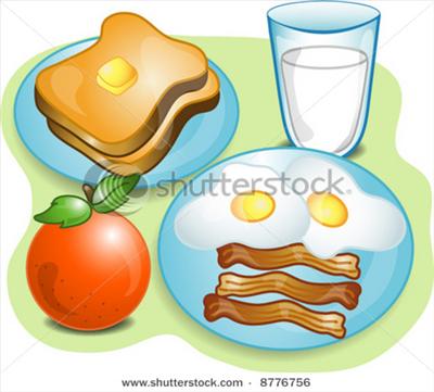 Bacon, eggs, milk, toast, and apple.