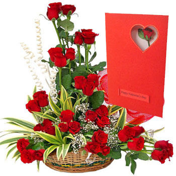 20 Red Roses Basket and Greeting Card