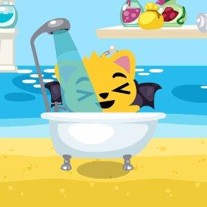 Bat kitty taking a shower