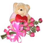 Bouquet Of Pink Roses and Teddy Bear