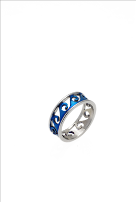 SIlver and blue wave carved stainless steel ring