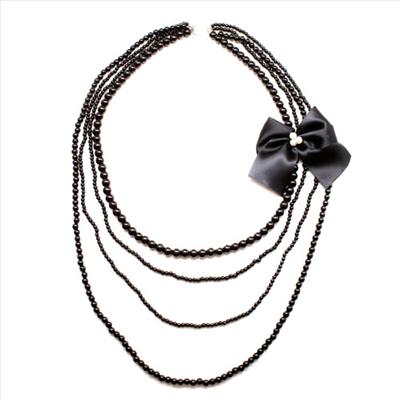 Black Pearls & Black Ribbon Necklace