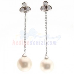 Goldstore 18 Ayar Beyaz Altın Pırlanta İnci Küpe DE7094