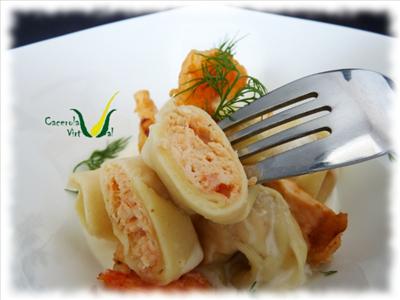 Capelleti de salmón y camarón en salsa de hongos portobello